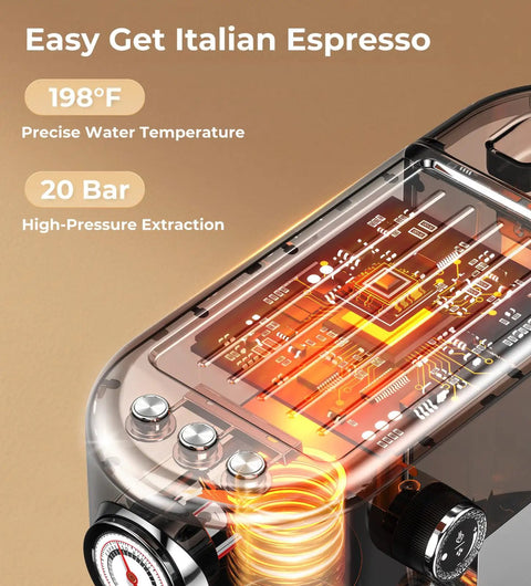 Close-up of the top panel of an espresso machine showing controls and internal electronics, highlighting 20 bar pressure.