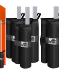 4 Pack 150 Pound Universal Canopy Weight Bags Heavy Duty Windproof Sandbags With All Around Wrap Design For Ultimate Stability Of Pop Up Tents And Shelters In High Winds Sand Not Included, shown attached to canopy leg.