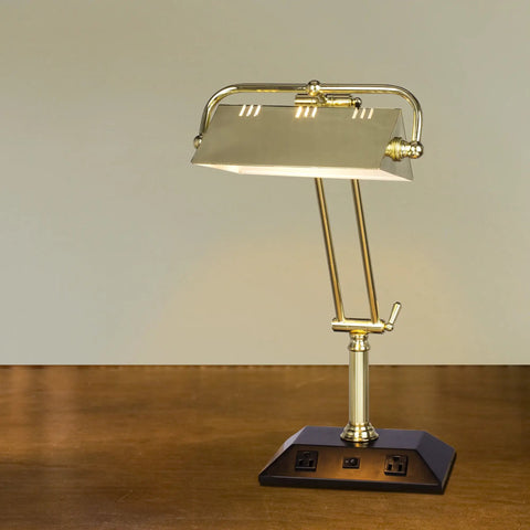 24 Inch Satin Brass Table Lamp With Metal Shade On Off Switch Modern Industrial Style Desk Lamp For Living Room Or Bedroom Durable Satin Finish Lighting Fixture That Elevates Home Decor And Creates A Dope Mood, shown on wooden table.