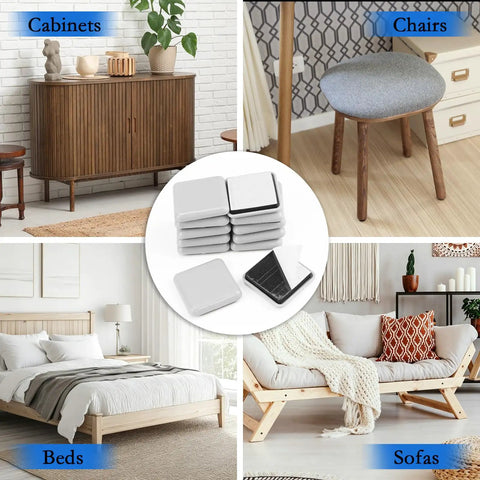 12 Piece Self Adhesive Furniture Sliders Set For Carpet And Hardwood Floors next to furniture like bed, sofa, cabinet, and chair.
