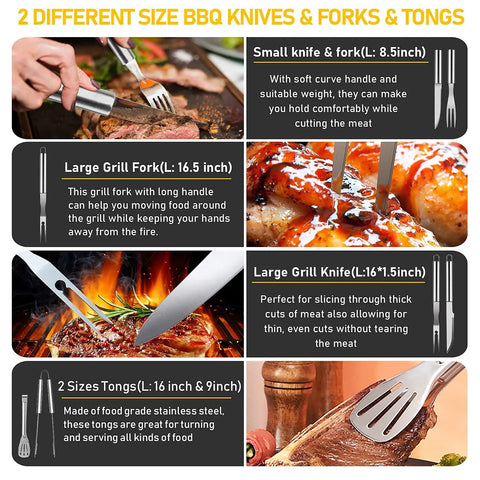 Small and large grill knives and forks with specifications from the 34 Piece Grill Accessory Set With Heavy Duty Stainless Steel Tools Built In Thermometer Grill Mats And Hanging Loops For Easy Storage Dope Backyard BBQ Gear For Men And Women Durable Dishwasher Safe Outdoor Cooking Kit