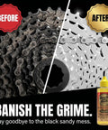 Gold Bike Chain Lube 4oz Two In One Clean And Lubricates For Road Track MTB And BMX Quiet Smooth Shifting All Purpose Drivetrain Lubricant bottle with before and after effect on bike gear showing cleaning results.