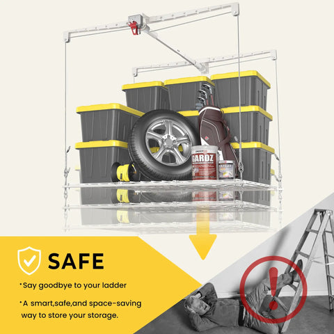 No Sweat Overhead Garage Storage Rack Straight Up Heavy Duty Ladder Free Ceiling Lift Tray For 8 To 10 Ft Ceilings 250 Pound Weight Limit With Secure Safety Latch In Bright White