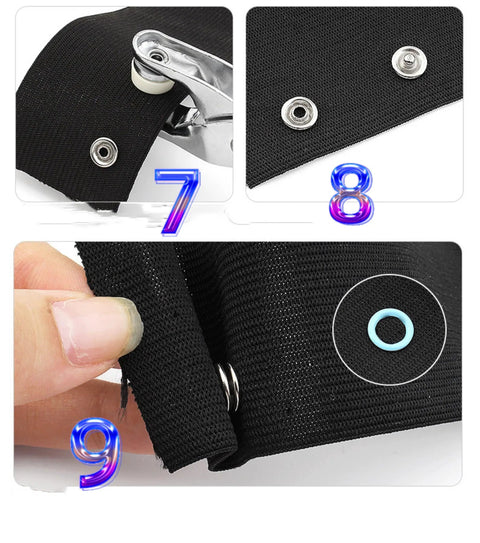 Close-up of Five Claw Buckle Snap Plier Tool Kit With 100 Sets 9.5mm Metal Snaps Seam Free Invisibility Fasteners being installed on fabric.