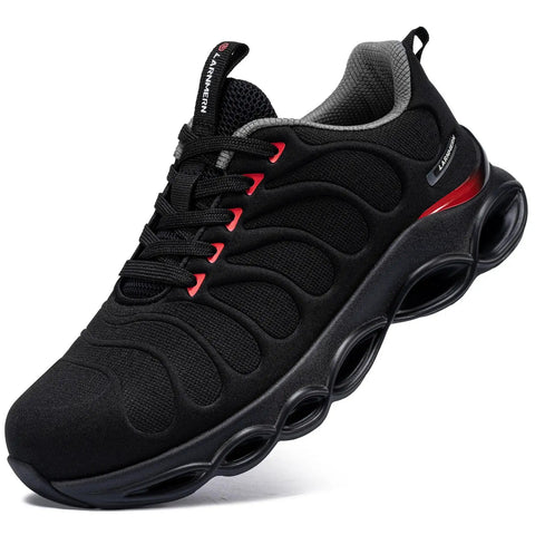 Work Ready Steel Toe Shoes For Men, Lightweight Safety Sneakers With EVA 3D High Rebound Sole, Colorful Red Black, Size 11
