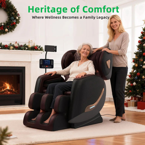 Older woman in Zero Gravity Full Body Massage Chair With Upgraded 10 Roller Shiatsu System in holiday living room setting