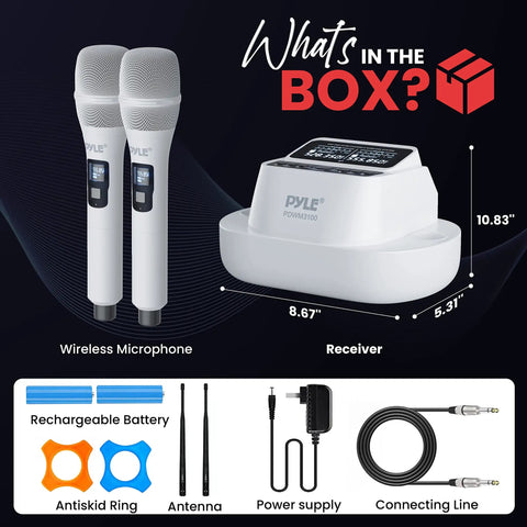 UHF Wireless Microphone System With Bluetooth Receiver, dual mics, batteries, and accessories in packaging layout.