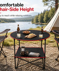 Lightweight Folding Camping Table With 4 Cup Holders Waterproof Canvas Outdoor Table at a campsite with drinks and snacks