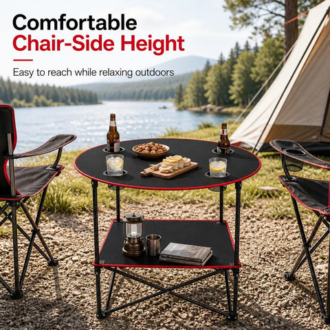 Lightweight Folding Camping Table With 4 Cup Holders Waterproof Canvas Outdoor Table at a campsite with drinks and snacks