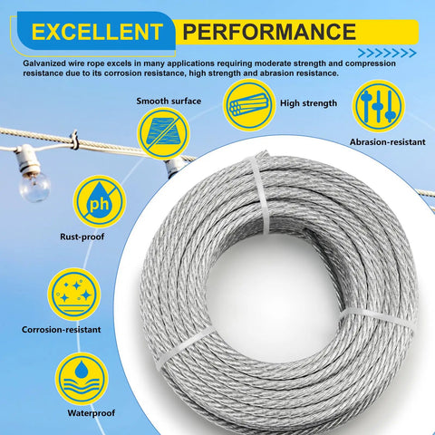 Heavy Duty Three Sixteenth Inch Galvanized Steel Wire Rope Kit, 150 Feet, coiled wire with performance icons and text