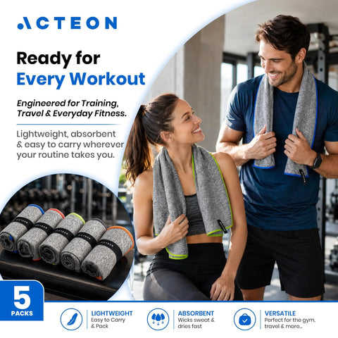 Level Up Your Grind With These 5 Pack Microfiber Gym Towels Quick Dry Silver Ion Odor Free Sweat Towel displayed on fitness enthusiasts.