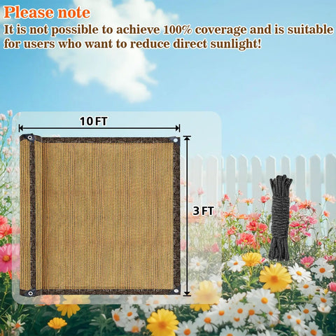 Outdoor Fence Privacy Screen 3 Ft By 10 Ft Brown Made From Durable HDPE Mesh With Reinforced Grommets shown with measurement