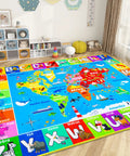 Interactive World Map Kids Rug for Playroom and Classroom 110 By 78.7 Inches Educational Geography Carpet With Continents Oceans Landmarks Animals Cultures Kid Friendly Fluffy Polyester Non Slip Preschool Mat for Nursery and Primary School. A colorful educational mat with continents, oceans, animals, and alphabet.
