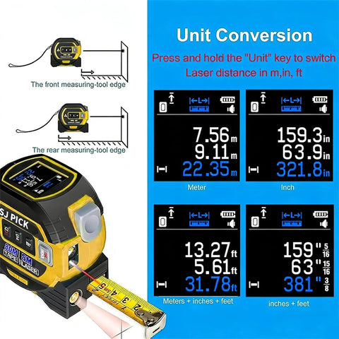 Heavy Duty 3 In 1 Digital Laser Tape Measure With Bright Lcd Backlight And Auto Lock Lever Building Tough As Nails With Pinpoint Accuracy Spanning 262 Feet While Storing Measurements For Quick Layouts That Actually Nail It Every Single Time