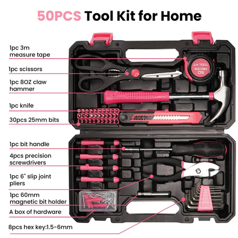 Pink Tool Set For Women With 50-Piece All-In-One Hand Tool Kit With Storage Toolbox Claw Hammer And CR-V Steel Durability
