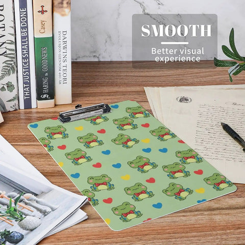 Kawaii Print Acrylic Clipboard For Workday Vibes, Thick Clear Clipboard Fits Letter Size Papers, Hanging Hole Office Supply For Home Office, School, And Warehouse Use, Durable Desk Accessory, frog print acrylic clipboard on desk