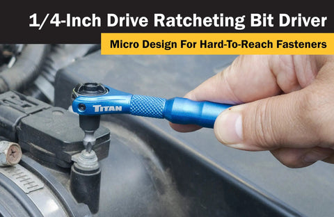 Compact One Quarter Inch Drive Swivel Head Micro Ratcheting Bit Driver With Ninety Tooth Mechanism in use on a car engine