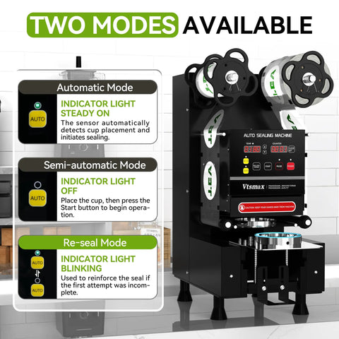 Image showing the No Fuss High Output Automatic Cup Sealer Machine 90 To 95 Mm with LCD display and sealing modes.