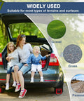 Family sitting in open car trunk with 4 Pack Wheel Chocks For Trailers And RVs, Hard Plastic Tire Chocks in use on gravel surface.
