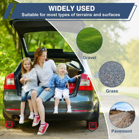 Family sitting in open car trunk with 4 Pack Wheel Chocks For Trailers And RVs, Hard Plastic Tire Chocks in use on gravel surface.