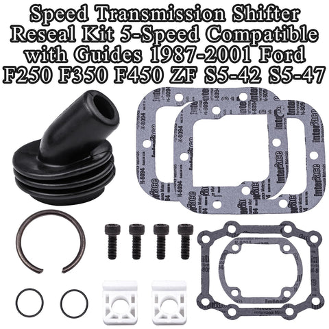 Shifter Reseal Kit For 5 Speed Transmissions With Complete Gasket Set And Hardware For 1987 To 2001 Ford F Series Three Quarter Ton And One Ton Trucks Includes Shifter Housing Gaskets Boots O Rings Snap Ring Bolts And Guide Inserts.