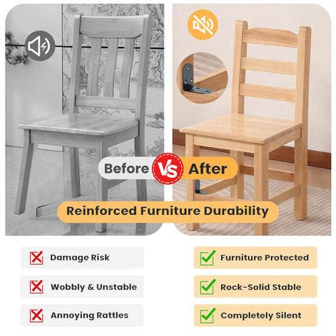 Before and after image showing a wooden chair with reinforced durability using Rock Solid Four Piece L Angle Brackets For Wood Cabinets And Shelving Units.