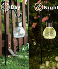 4 Pack Solar Lanterns With Shepherd Hooks No Wiring Easy Setup Outdoor Color Changing Crackle Glass 3 Lumens Waterproof Garden Lights For Pathway Backyard Decor showing day and night lighting effect.