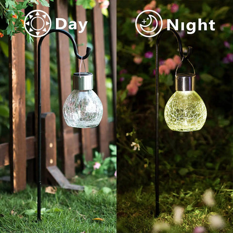 4 Pack Solar Lanterns With Shepherd Hooks No Wiring Easy Setup Outdoor Color Changing Crackle Glass 3 Lumens Waterproof Garden Lights For Pathway Backyard Decor showing day and night lighting effect.