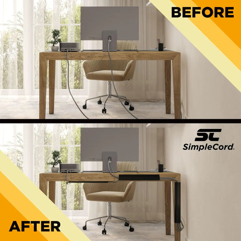 Before and after using 5 Pack 16 Inch J Channel Cable Management Kit For Under Desk Setup With Adhesive Mount No Drill Wall Cord Organizer Black