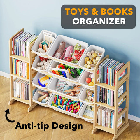 Toy Storage Organizer With Six Shelves And Twelve Bins Bookshelf For Playroom And Bedroom Organization Kid Friendly