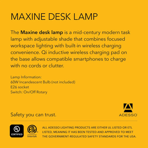 Yellow packaging of All-in-One Desk Lamp With Qi Wireless Charging Pad And USB Port, modern task light information display.