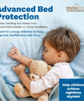 Child peacefully sleeping with teddy bear, promoting Advanced Bed Protection for nighttime dryness.