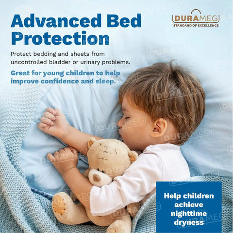 Child peacefully sleeping with teddy bear, promoting Advanced Bed Protection for nighttime dryness.