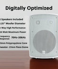 Five Point Twenty Five Inch Three Way Outdoor Indoor Wired Speakers With Weather Resistant Build displayed on wooden surface