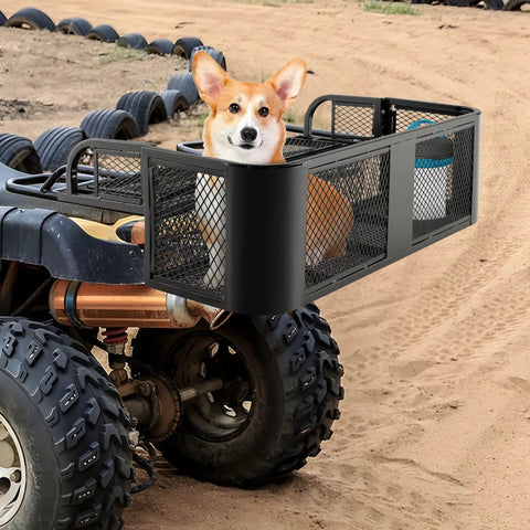 Heavy Duty Rear Cargo Basket For ATV And UTV Detachable Steel Mesh Drop Rack Black Powder Coated Rust Resistant Universal Trail Ready Sling Your Gear No Sweat