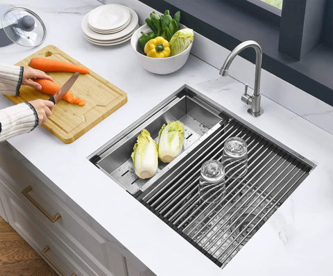 Workstation Undermount Kitchen Sink 23x19 Inch Single Bowl 16 Gauge Stainless Steel Handmade With Integrated Ledge and accessory kit