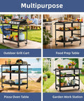 Outdoor Grill Cart And Prep Table For Patio 31.5 By 17.7 Inch Rolling BBQ Station with lockable wheels and side tray in use