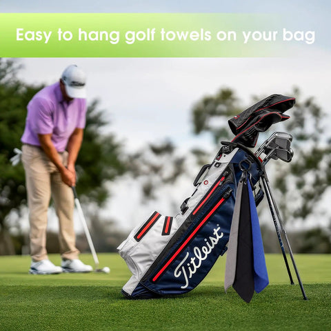 Three Pack Microfiber Golf Towels 16x16 Inches With Waffle Texture Absorbent Surface For Dry Hands And Clean Clubs On The Course Carabiner Clip Included Tri Fold Portable Towels For Men And Women Gray Red Black hanging on golf bag
