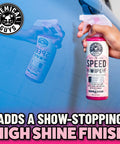 Speed Wipe Quick Detailer Spray For Cars, Instant Slick Mirror Shine Between Washes, streak-free 16 oz bottle in hand on blue car panel
