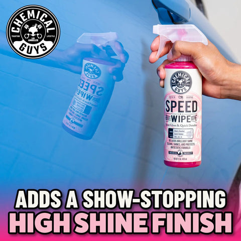 Speed Wipe Quick Detailer Spray For Cars, Instant Slick Mirror Shine Between Washes, streak-free 16 oz bottle in hand on blue car panel