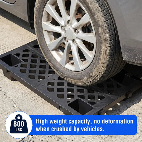 Car tire on Heavy Duty Plastic Pallets 8 Piece Set With Ventilated Grid Design For Airflow Interlocking And Stackable HDPE Platform