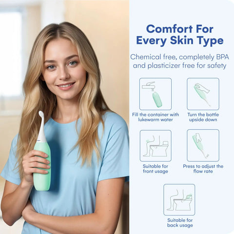Woman holding Portable Bidet On The Go 300ml Peri Bottle For Moms And Women Travel Ready Easy Bidet Version 2 in mint color.