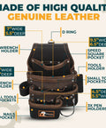Diagram of Premium Leather Tool Bag Pro 505 With Oil Tanned Grain Leather 13 Pockets And Speed Square Pocket Multi Purpose Organizer.