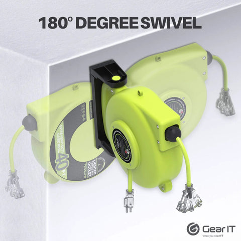 40 Foot Retractable Extension Cord Reel With 12 AWG 3 Conductor SJTW Cable Wall Mount 180 Degree Swivel in use