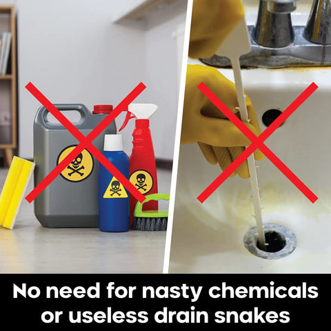 Comparison showing yellow gloved hand cleaning sink with Mini Sink Plunger Duo Pack For Bathrooms Showers Bathtubs And Kitchens.