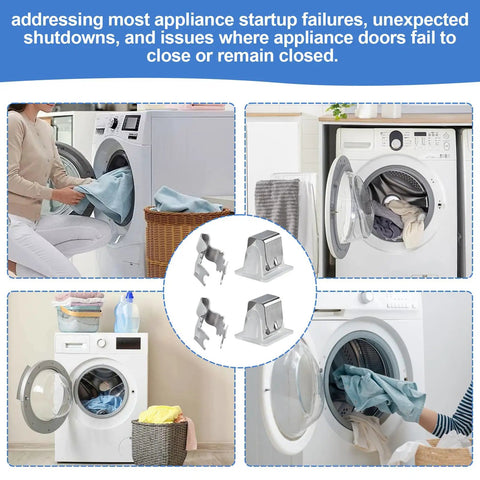 Collage of Appliance Door Latch Kit Upgrade 2 Pack For GE And Most Brands Replacement Parts with washing machines and laundry scene.