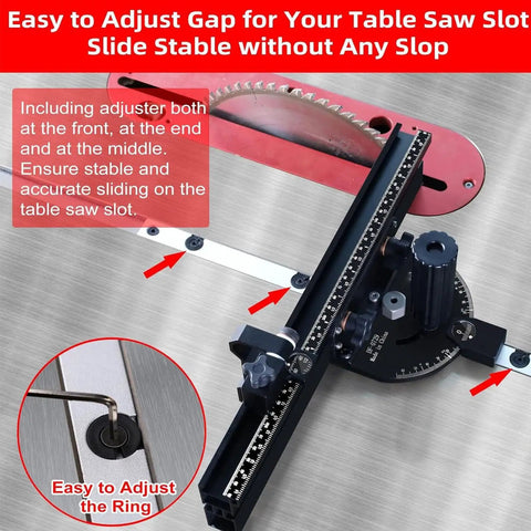Precision Woodworking Miter Gage With 360Mm Fence And Flip Stop For Bench Saws offers an adjustable gap for stable sliding.
