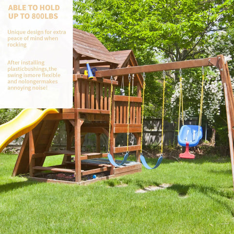 Playground set with slide and swing, featuring Beefy Heavy Duty Swing Hangers With Quiet Bearings, 180 Degree Swing Hardware.
