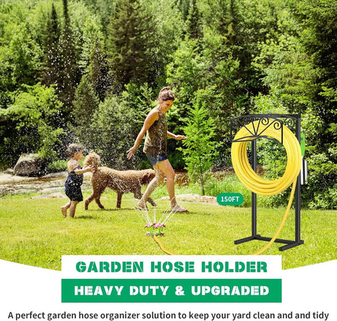 Heavy Duty Garden Hose Holder With 4 Ground Spikes, Upgraded Metal Hose Reel Stand Holds Up To 160 Ft Of Hoses in garden