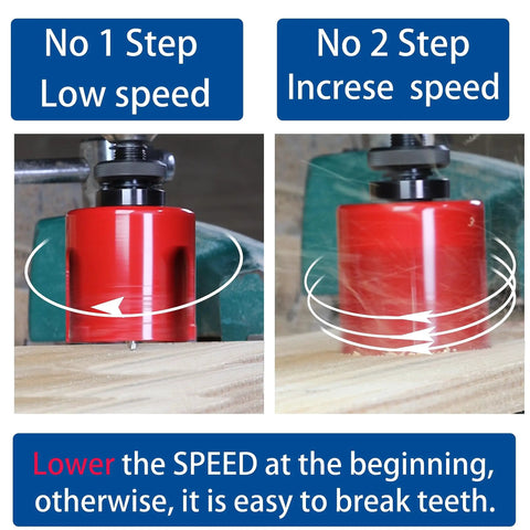 Instructional guide for using Carbide Tipped Hole Saw Cutter 3 Inch 76mm Heavy Duty for thick wall at variable speeds.